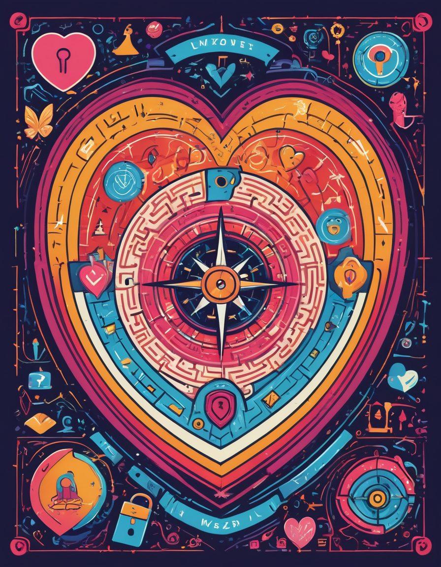 A colorful maze representing the navigation of NSFW content, with friendly icons like a compass and a heart guiding the way, surrounded by hints of digital safety like padlocks and shields. Flowing elements that evoke an inviting atmosphere, while ensuring clarity and friendliness. A whimsical yet informative style that is approachable and engaging. vibrant colors. vector art.