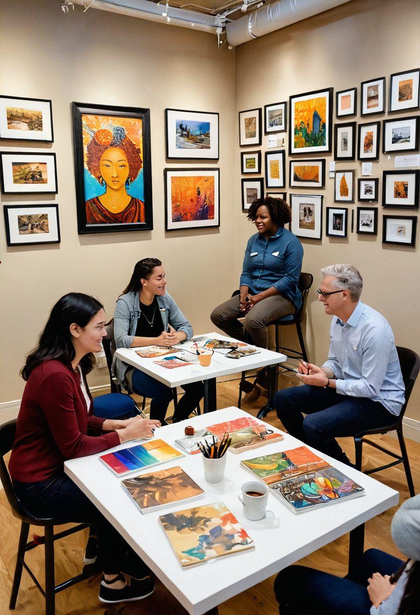 A cozy art gallery setting featuring diverse adults engaged in discussion and collaboration, surrounded by vibrant artworks on the walls. Tables filled with art supplies encourage creativity, while a warm and inviting atmosphere is enhanced by soft lighting and comfortable seating areas. Showcase happy faces and a sense of connection among the participants. super-realistic. warm colors. soft focus.