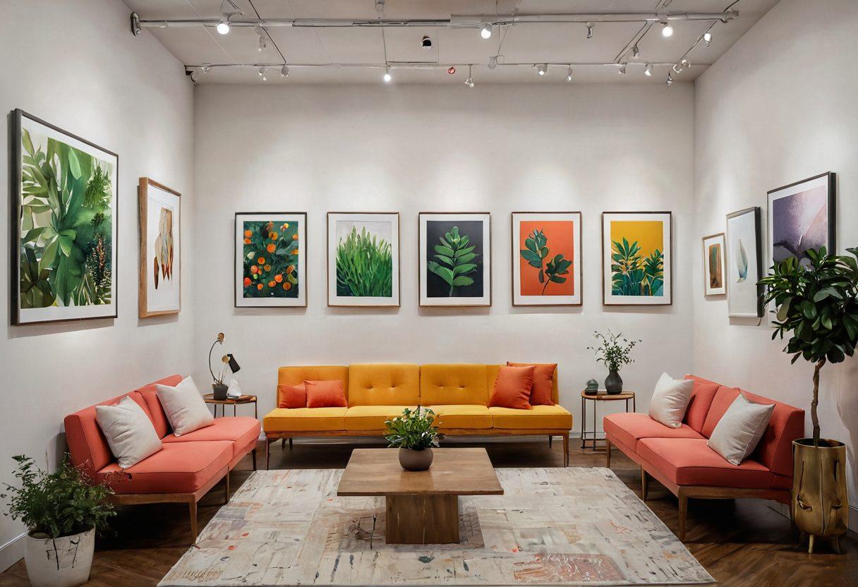 A modern, inviting gallery space filled with colorful adult-themed thumbnails displayed on clean, sophisticated walls. Include diverse groups of people engaging with the artwork, showing joy and curiosity. Soft lighting enhances the welcoming atmosphere, and elements like comfortable seating and greenery add to the tranquility. The setting should feel safe and inclusive. super-realistic. warm tones. minimalist design.
